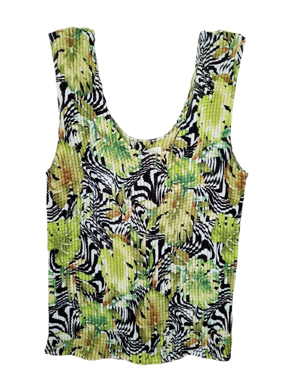 Vintage Caviar Green Tropical Print Pleated Top